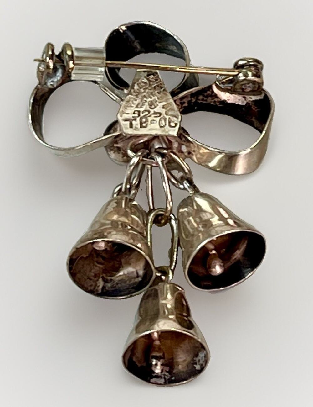VTG Taxco Mexico 925 Sterling Silver Bow Jingle Bells Brooch Pin Holiday 5.8g